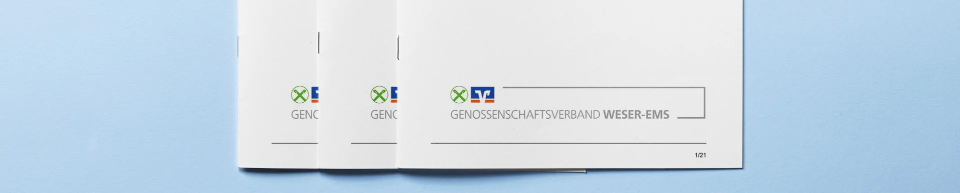 Mehrere Exemplare der Satzung des Genossenschaftsverbands Weser-Ems liegen auf hellblauem Untergrund.