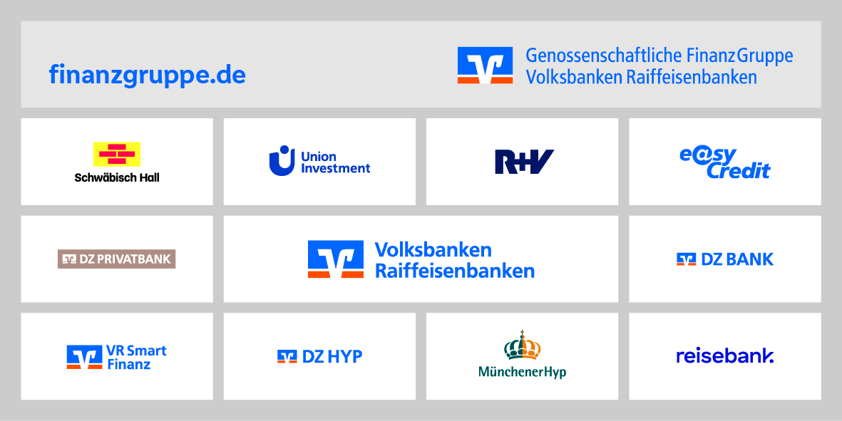 Grafik mit Logos der Genossenschaftlichen FinanzGruppe und ihrer Verbundpartner, darunter Schwäbisch Hall, Union Investment, R+V, easyCredit, DZ PRIVATBANK, Volksbanken Raiffeisenbanken, DZ BANK, VR Smart Finanz, DZ HYP, MünchenerHyp und Reisebank.
